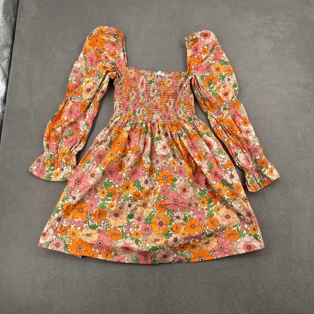 Bani Ni Floral Smocked Mini Dress Orange Pink Cotton Puff Sleeve Retro 70s Style